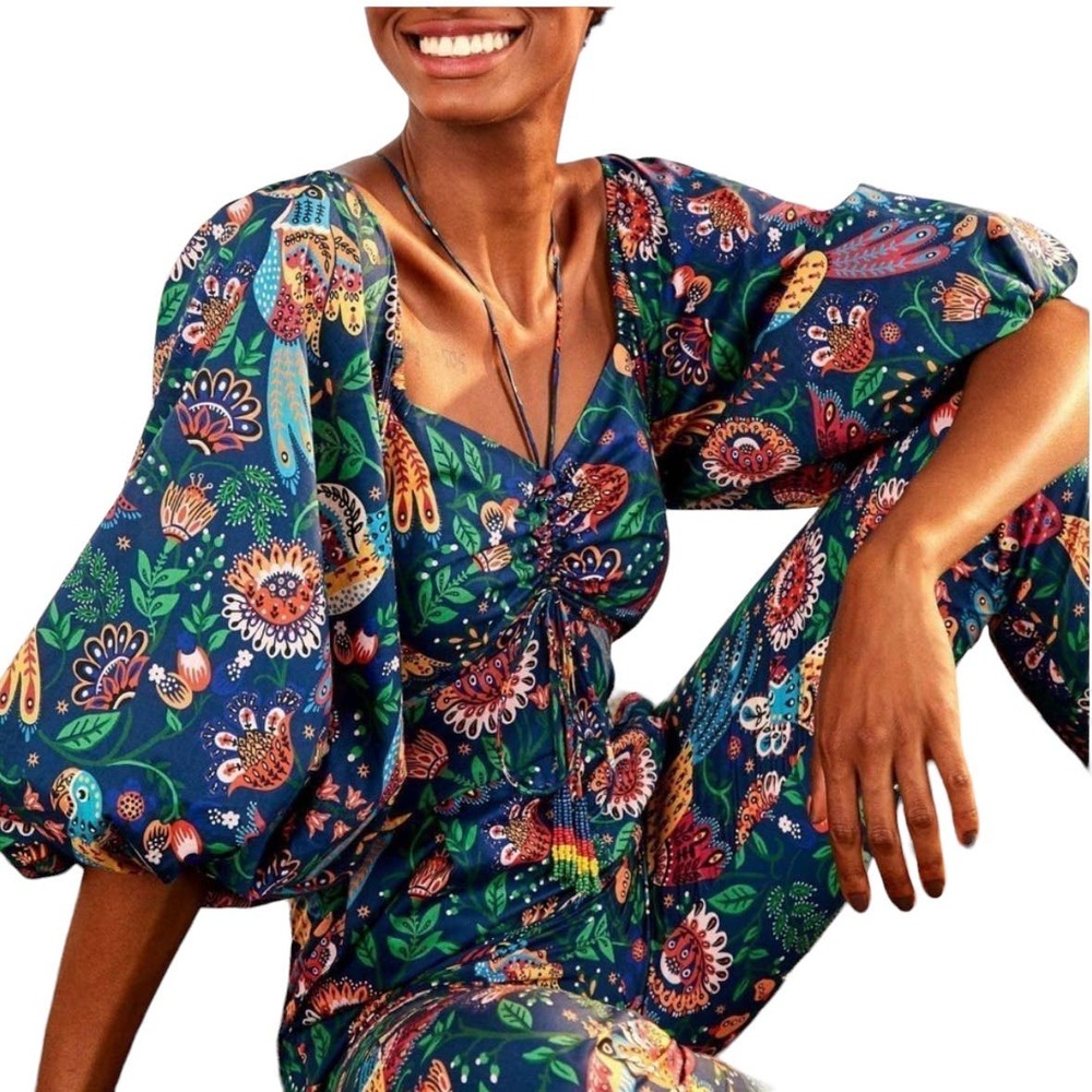 FARM RIO Tropical Birds Jumpsuit Puffed Sleeve Cropped Sweetheart Neckline SM